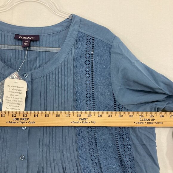 New Roaman's  size 18W Blue Embroidered Pintuck 3/4 Sleeve Boho Button Down - Picture 4 of 8